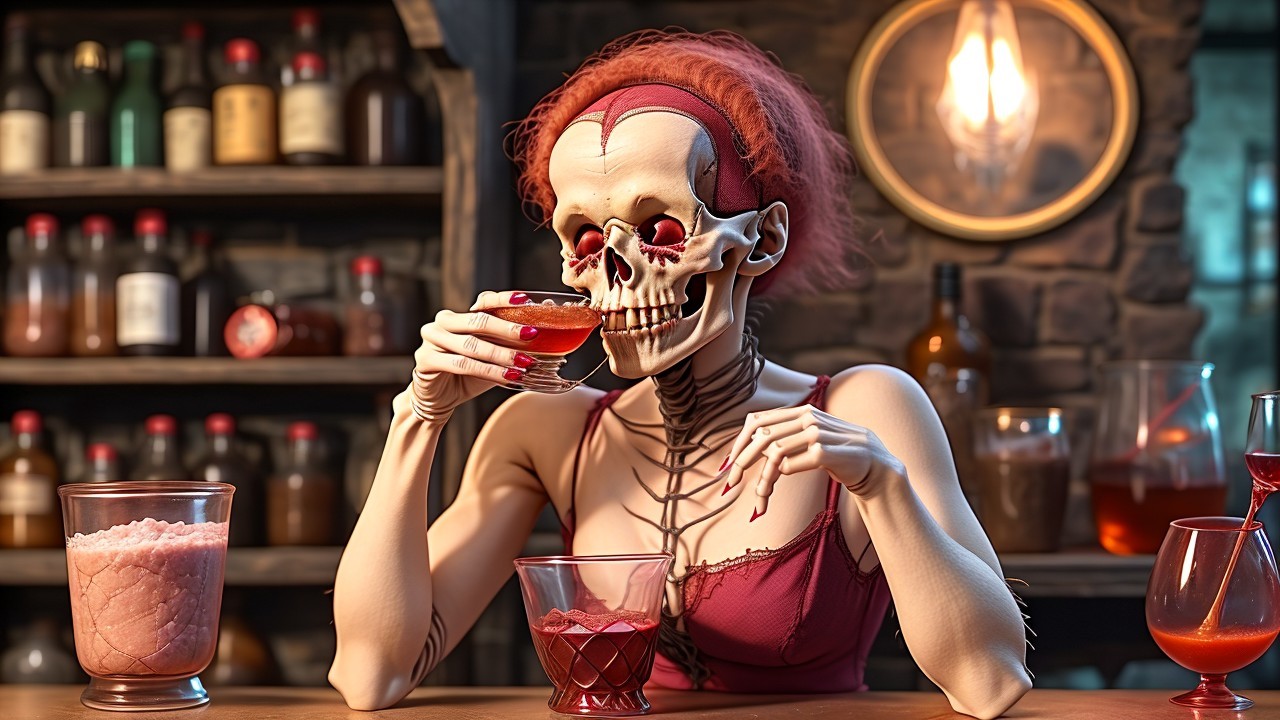 Skeleton Woman at Rustic Bar with Vibrant Cocktail