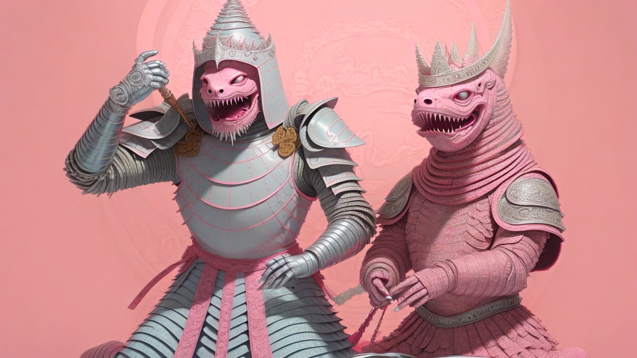 Stylized dragon warriors in pink backdrop and armor