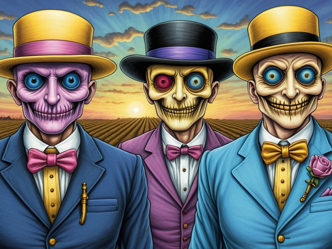 Skeletal Figures in Colorful Suits Against Sunset Backdrop