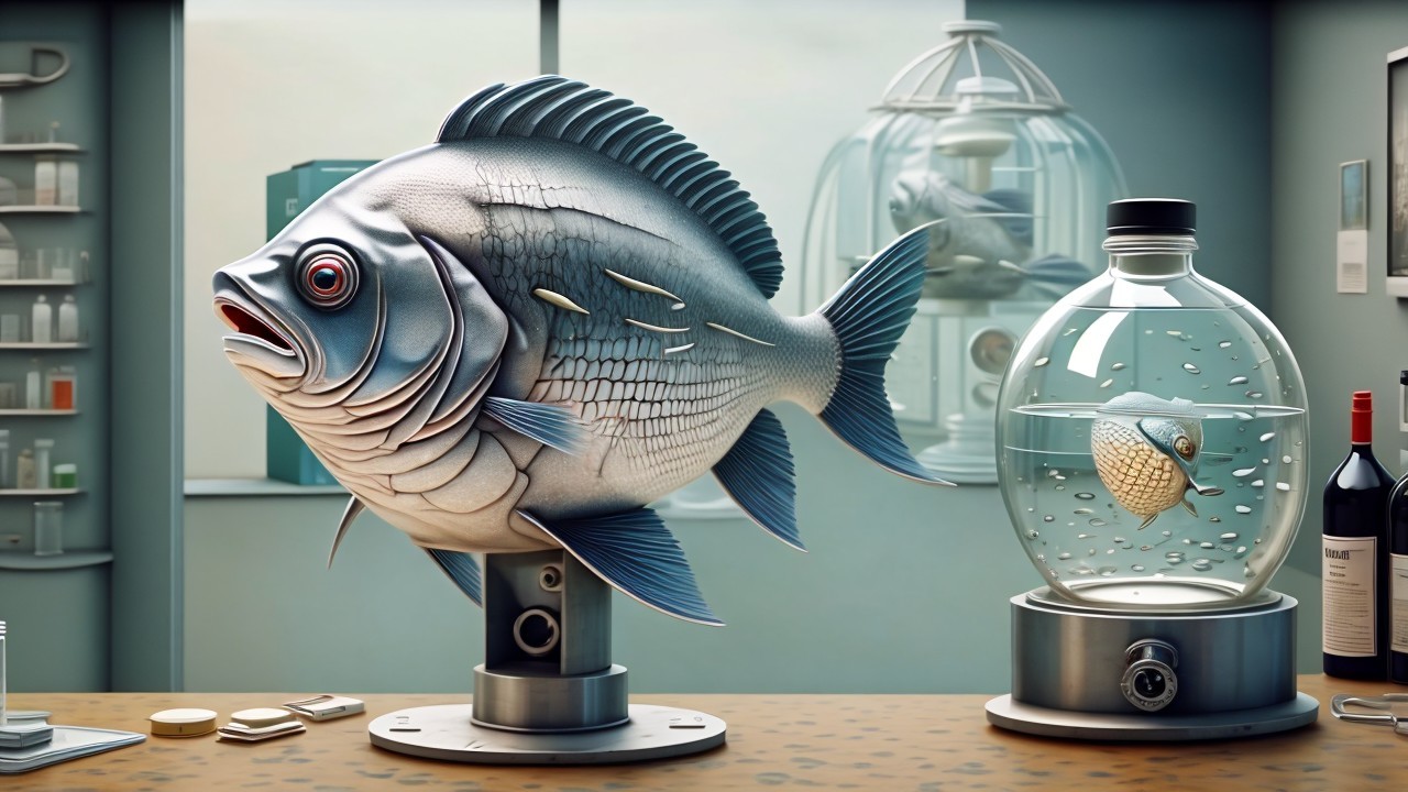 Surreal Scene with Hyper-Realistic Fish Sculpture