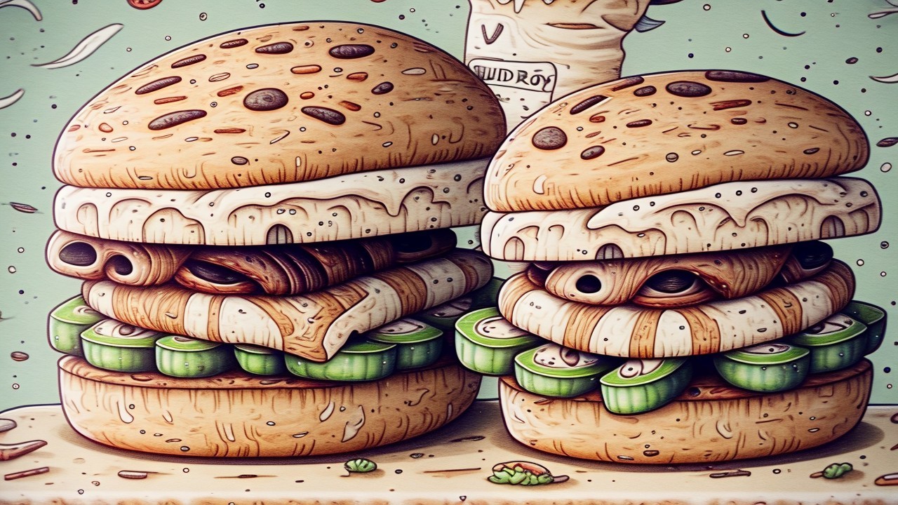 Whimsical Illustration of Colorful Stacked Burgers