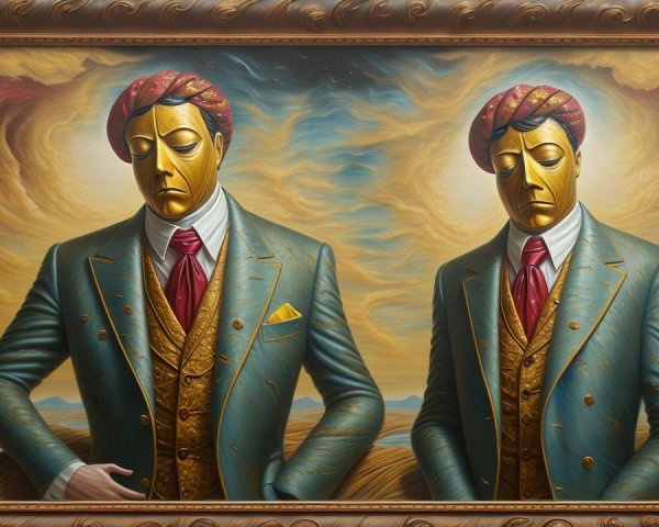 Figures in Gold Masks and Red Turbans Amidst Clouds