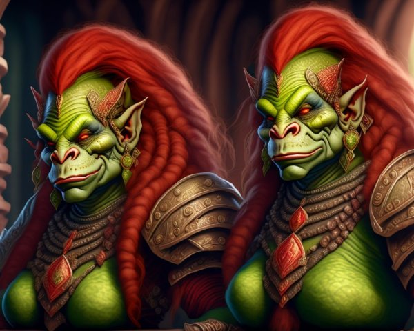 Orc Warriors with Green Skin and Red Braids in Armor