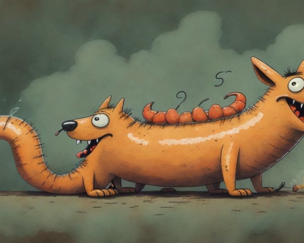 Whimsical Cartoon of a Dog with Two Heads and Sausages