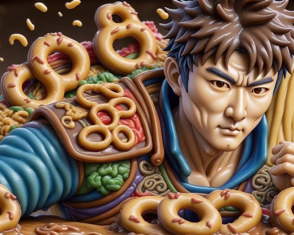 Muscular Warrior in Armor Surrounded by Colorful Donuts