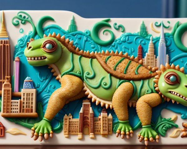 Colorful Two-Headed Lizard Sculpture with City Skyline