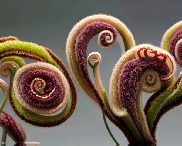 Intricate Spiraling Fern Fronds in Soft Lighting