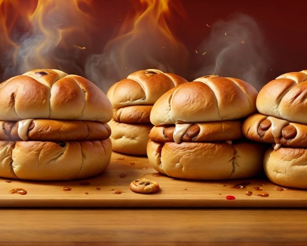 Freshly Baked Golden-Brown Buns on Wooden Board