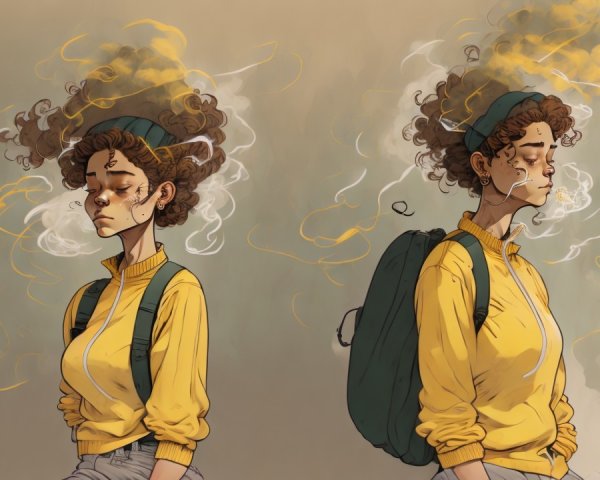 Young woman in yellow sweater with curly hair and smoke