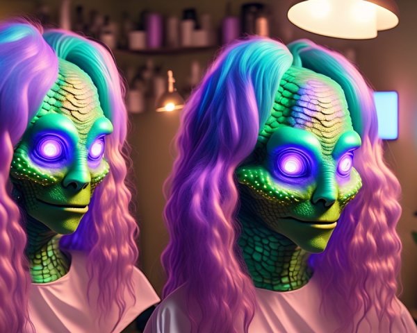 Humanoid aliens with green skin and purple features