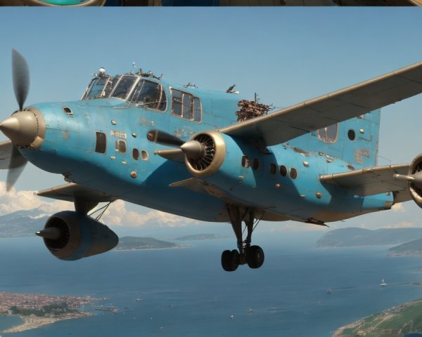 Vibrant Blue Aircraft Flying Over Scenic Landscape