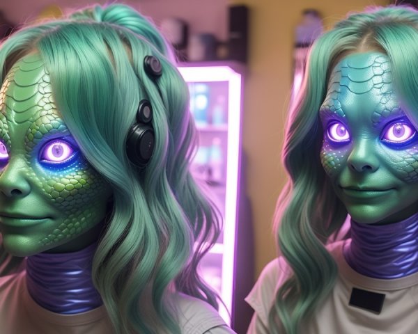 Alien Figures with Teal Hair and Reptilian Features