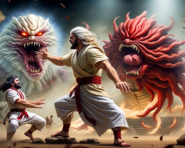 Heroic Figure Faces Monstrous Creatures in Chaos