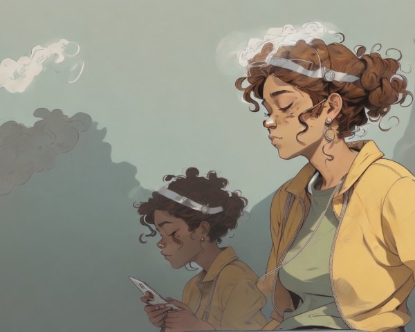 Young woman in yellow jacket with smartphone and clouds