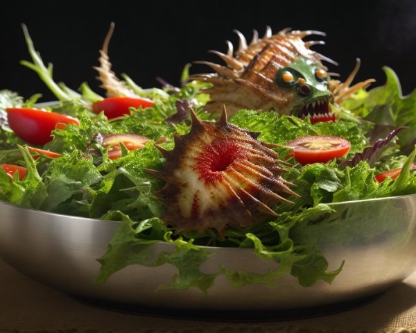 Metal Bowl of Greens with Fantasy Creatures in Dark Setting