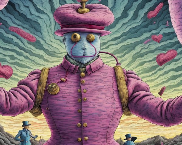 Fantastical Character in Pink Coat Surrounded by Clouds