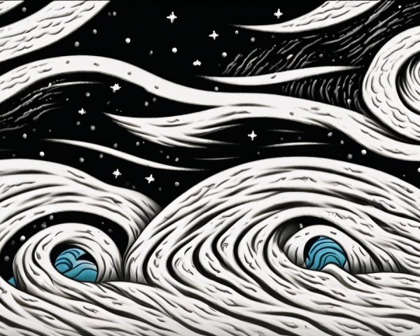 Dynamic White Waves with Blue Highlights on Black Background