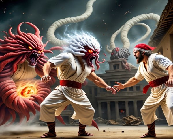 Warriors Confront Mythical Creatures in Ancient City