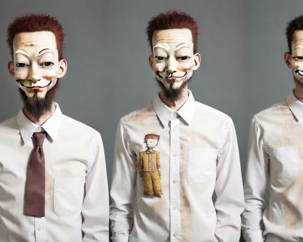 Figure in White Shirt with Stylized Mask and Illustrations