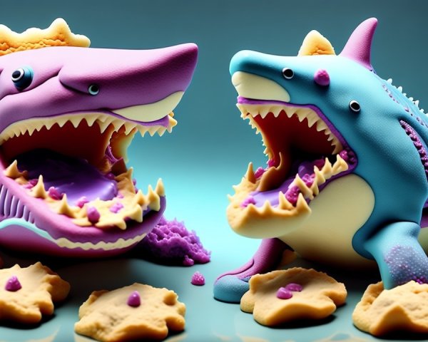 Brightly Colored Whimsical Shark Figures with Treats