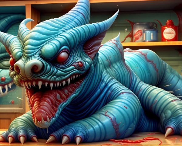 Vibrant Blue Creature with Red Eyes and Horns