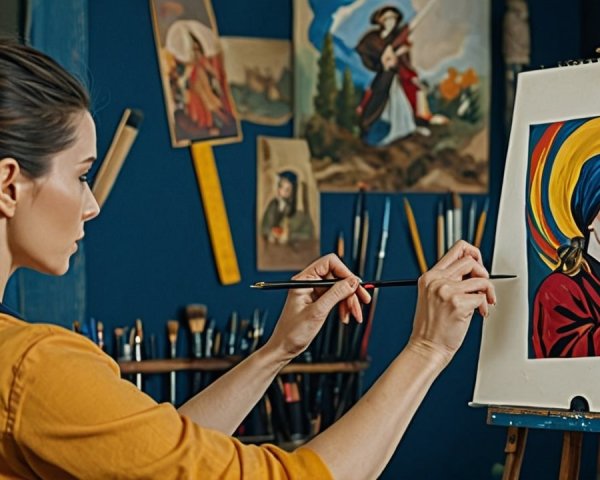 Woman Painting Portrait in Vibrant Art Studio