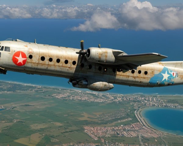 Vintage Aircraft Over Scenic Greenery and Coastline