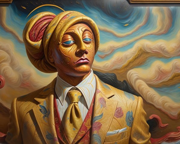 Stylized Figure in Golden Suit with Floral Designs