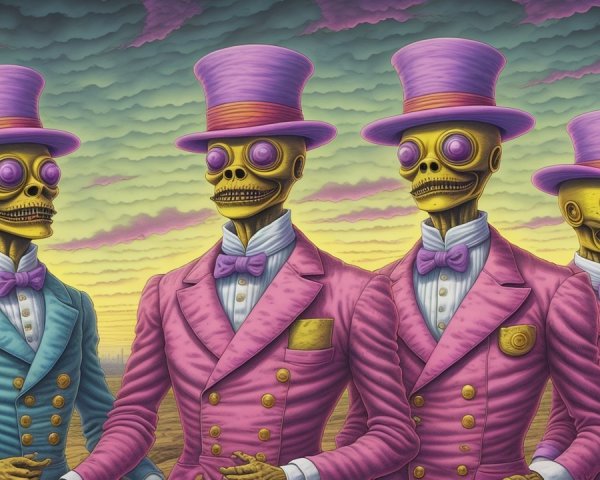 Skeletons in Vintage Attire Against Surreal Landscape