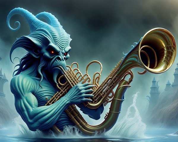 Blue-Skinned Creature Playing Tuba in Underwater Scene