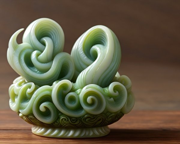 Green Jade Sculpture with Ocean Wave Design
