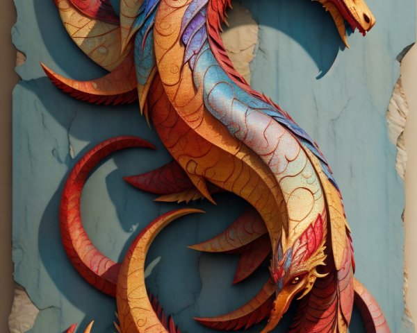 Multi-headed dragon sculpture on textured blue backdrop