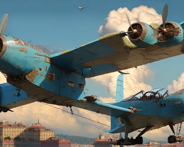 Vintage dual-engine aircraft over city skyline