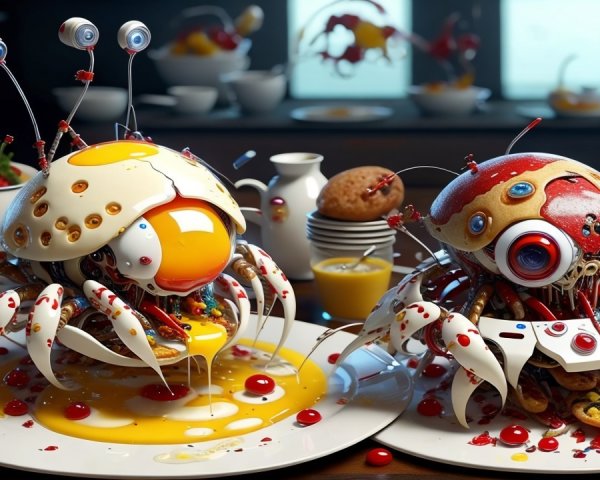 Whimsical Food-Themed Robots on Breakfast Plates