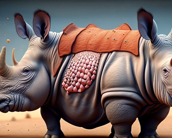Double-bodied rhinoceros in a surreal desert landscape