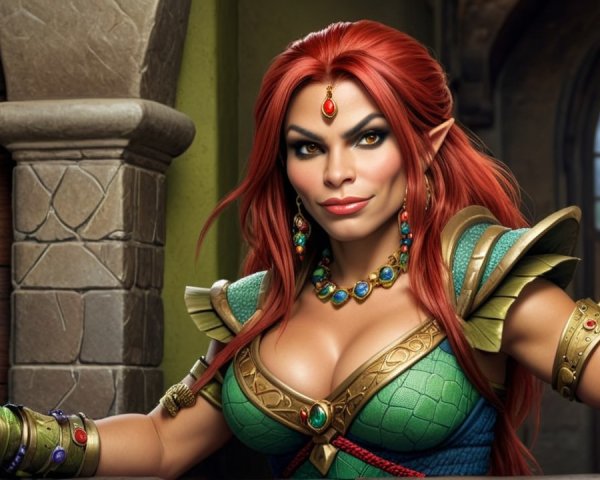 Confident Elf Woman in Ornate Outfit Against Stone Wall