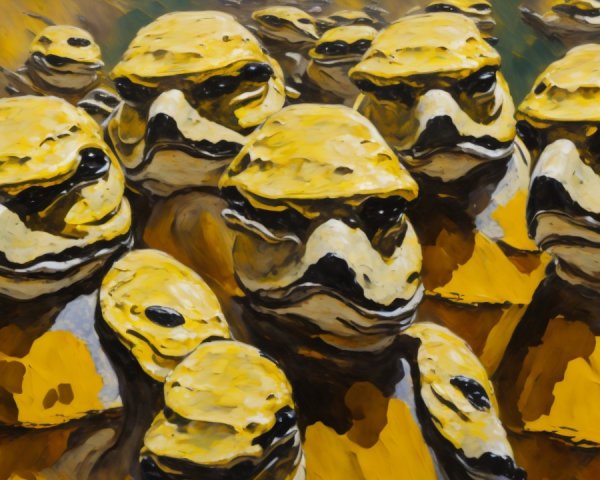 Surreal Crowd of Glossy Yellow Anthropomorphic Figures