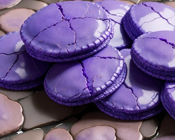 Close-Up of Glossy Purple Macarons on Dark Surface