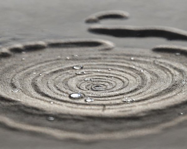 Close-up of Swirling Sand Patterns with Water Droplets