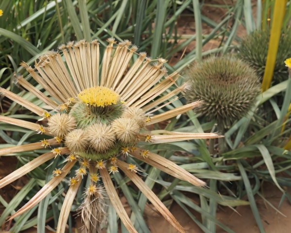 Star-shaped succulent with yellow flowers in desert setting