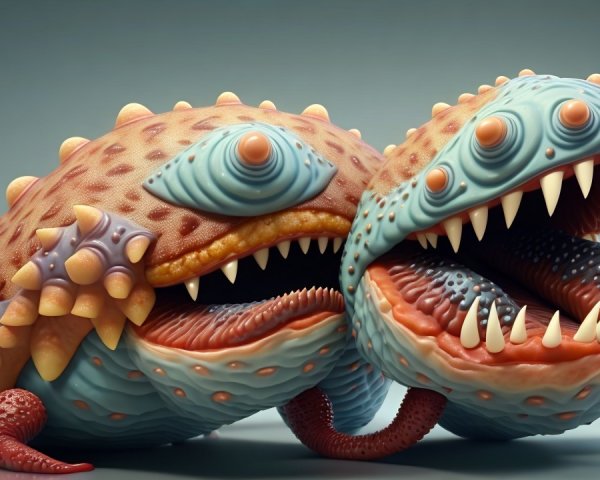 Two-Headed Creature with Colorful Skin and Spikes