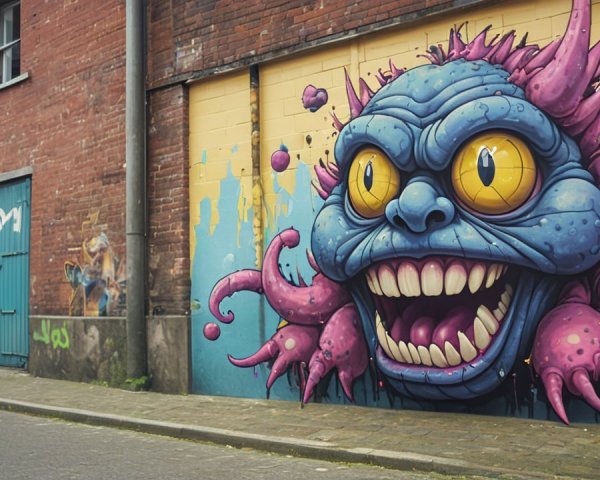 Colorful Monster Mural on Urban Brick Wall