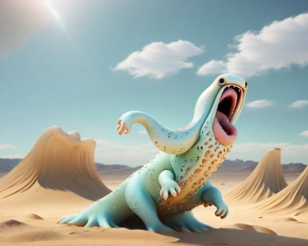 Whimsical Creature in a Surreal Desert Landscape