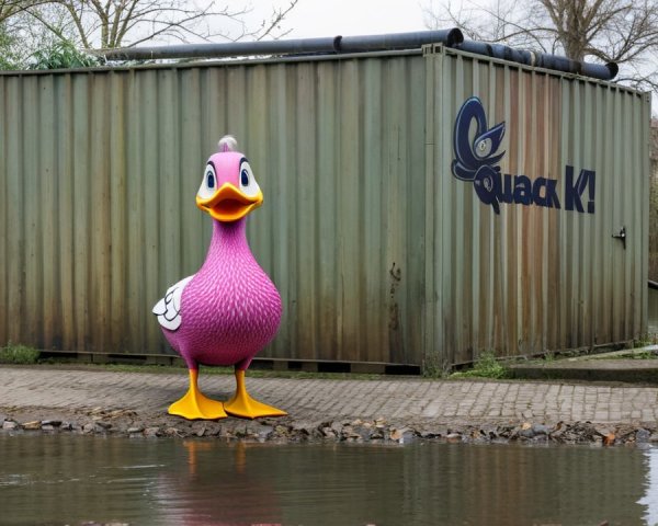 Vibrant Pink Cartoon Duck by Water and Green Container