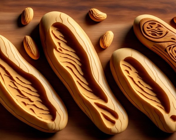 Intricately Carved Wooden Seed-Like Shapes with Almonds
