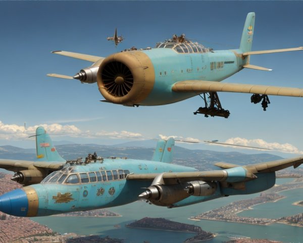 Vintage Aircraft Flying Above Scenic City Landscape