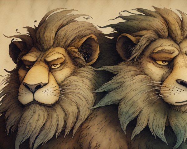 Stylized Lions with Flowing Manes in Dreamlike Setting