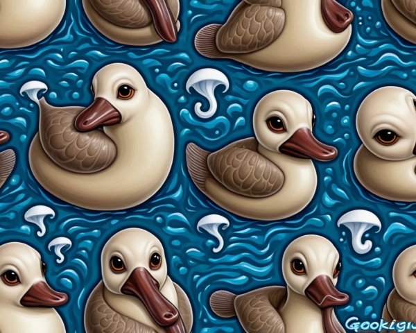 Cartoon Ducks Swimming on Vibrant Blue Background