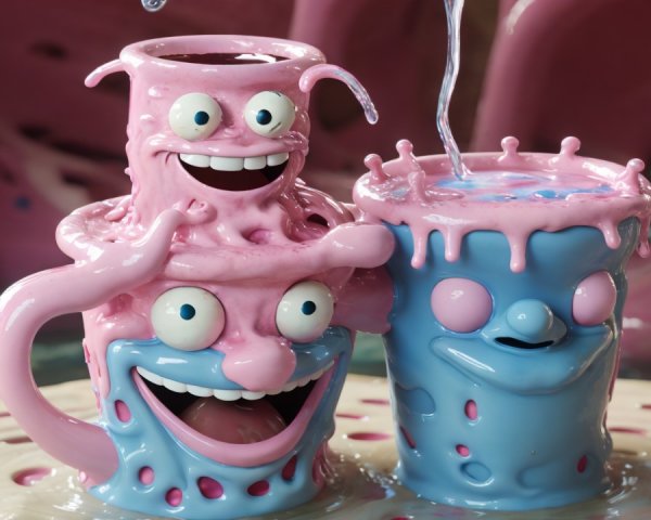 Cartoonish mugs with playful faces in a surreal setting
