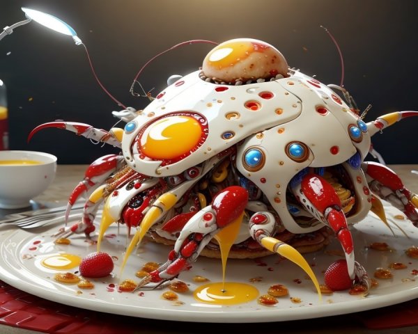 Robotic Spider Pancake Creation with Vibrant Colors